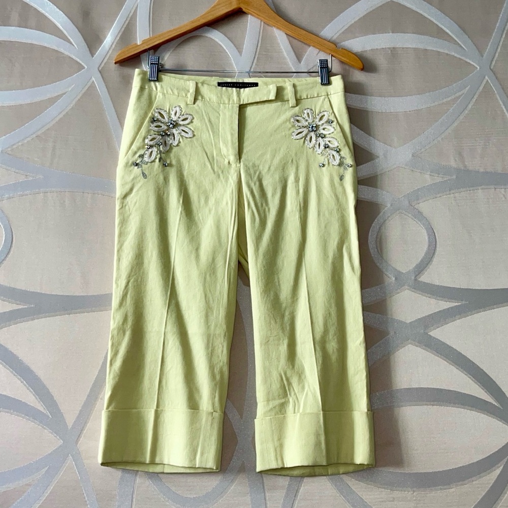 Linen 🌱Light Yellow Bermuda shorts with Floral Embroidery and Crystals